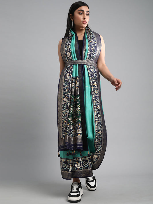 Sea Green and Black Silk Blend Saree - Ressa