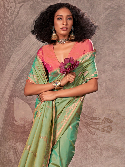 Sea Green Banarasi Satin Silk Zari Woven Saree - Ressa
