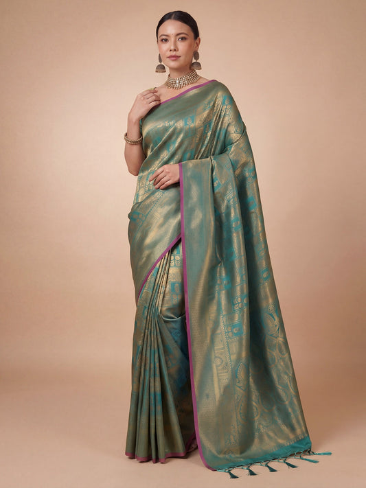Sea Green Gold Kanjivaram Silk Saree - Ressa