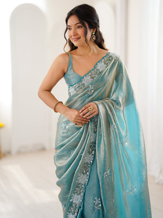 Sea Green Metallic Tissue Silk Saree - Ressa