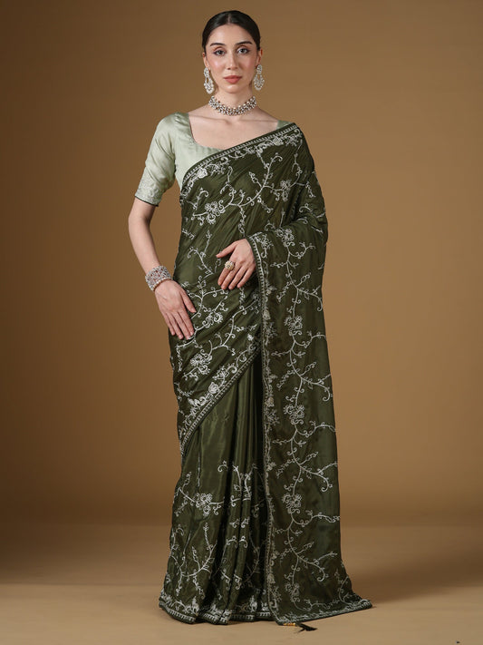 Silk Embroidered Saree | Olive Green with Silver Threadwork - Ressa