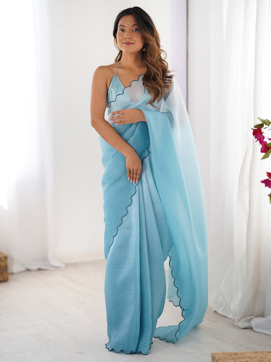 Sky Blue Chiffon Ombre Scalloped Border Saree - Ressa