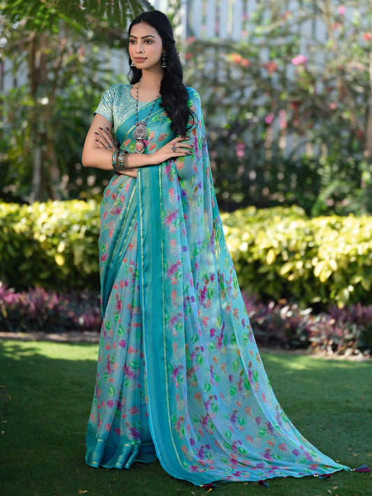 Sky Blue Floral Chiffon Saree - Ressa