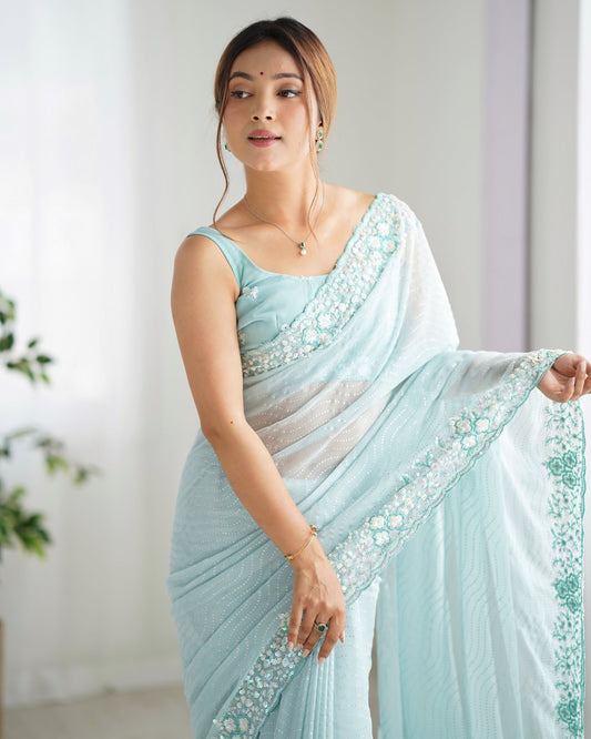Sky Blue Georgette Embroidered Saree - Ressa