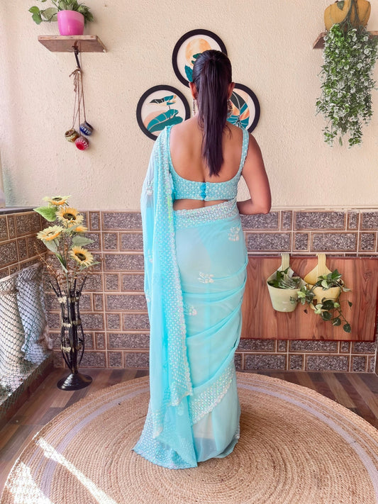 Sky Blue Georgette Sequin Embroidered Saree with Blouse - Ressa