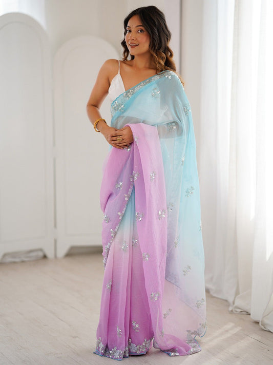 Sky Blue & Lavender Polyester Ombre Dyed Embroidered Saree - Ressa