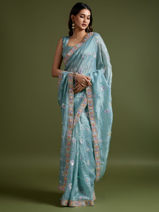Sky Blue Organza Embroidered Saree with Blouse - Ressa