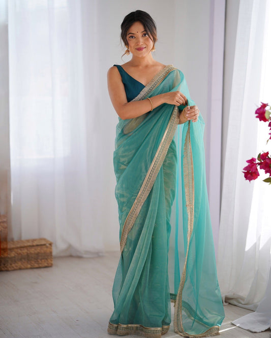 Sky Blue Solid Net Saree with Scalloped Border - Ressa