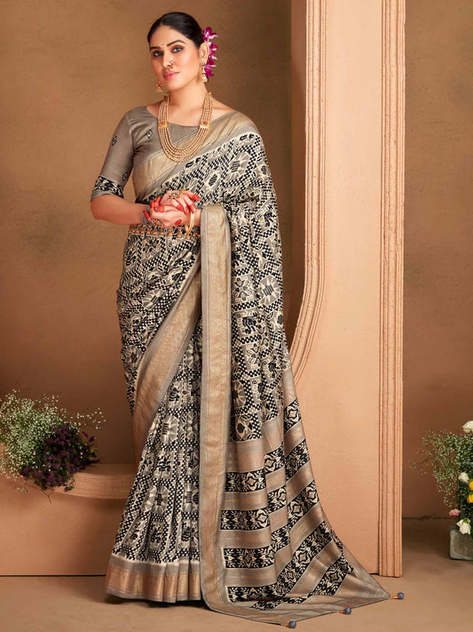 Steel Grey & Charcoal Black Patola Silk Geometric Saree - Ressa