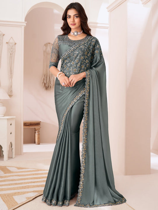 Steel Grey Embellished Party wear Saree - Ressa