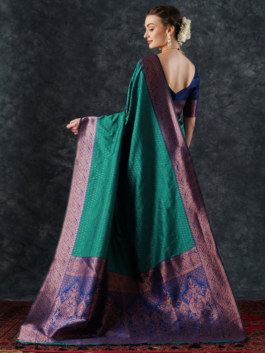 Teal Banarasi Silk Saree with Purple Zari Border & Blouse - Ressa