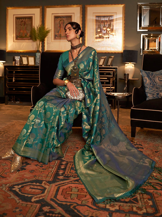 Teal Blue Banarasi Style Silk Blend Gold Zari Woven saree - Ressa