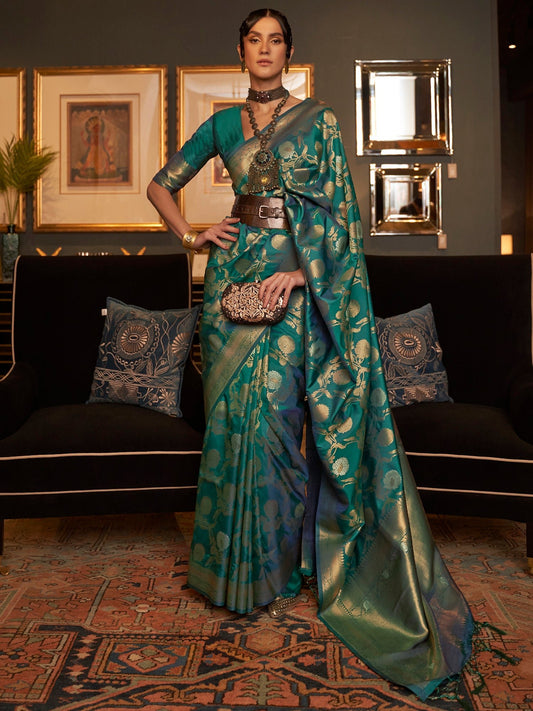 Teal Blue Banarasi Style Silk Blend Gold Zari Woven saree - Ressa