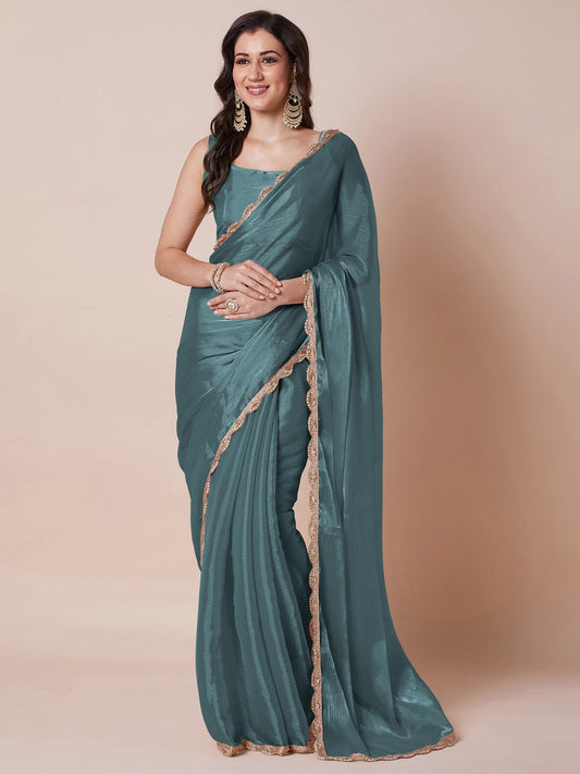 Teal Blue Chiffon Saree - Ressa