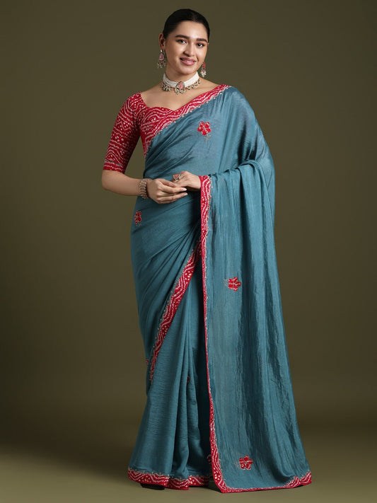 Teal Blue Georgette Saree with Bandhani Border - Ressa