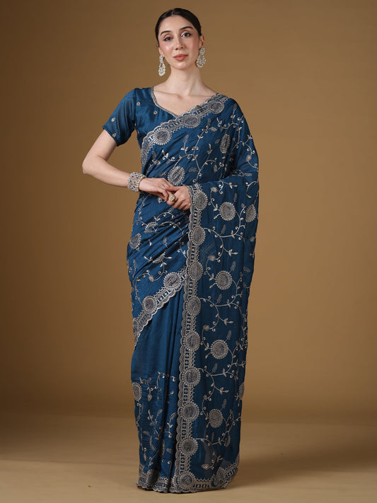 Teal Blue Georgette Saree with Scalloped Border - Ressa