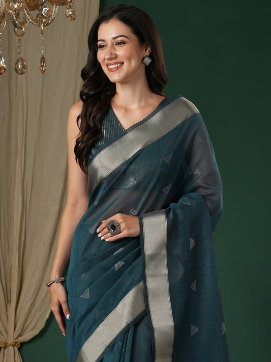 Teal Blue Linen Blend Saree - Ressa