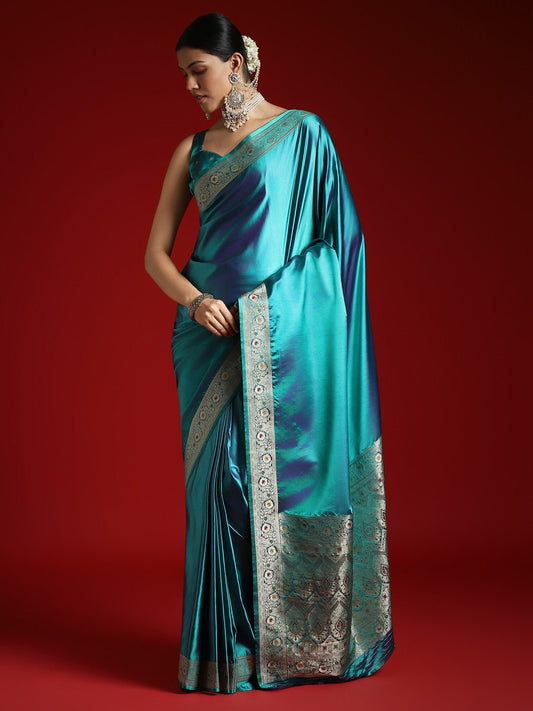 Teal Blue Silk Blend Embroidered Border Saree - Ressa