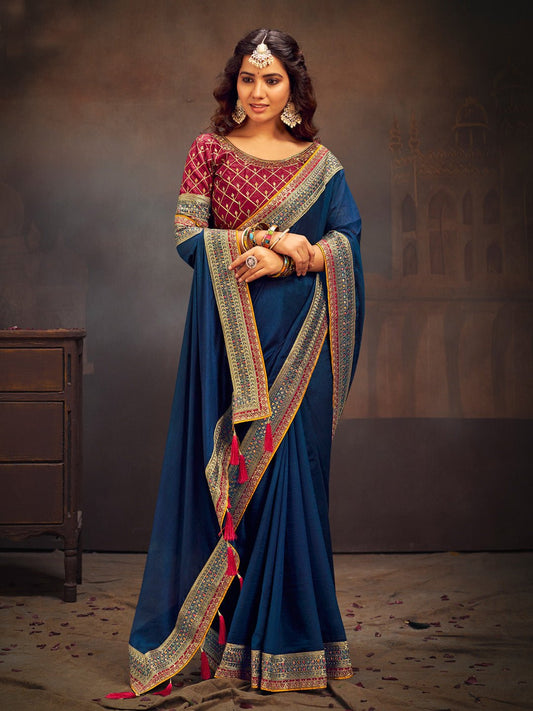 Teal Blue Silk Saree with Maroon Embroidered - Ressa