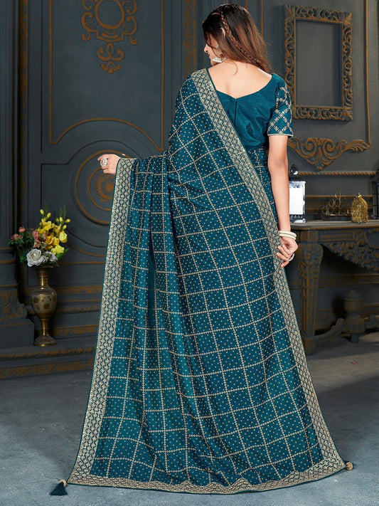 Teal Embroidered Vichitrs Silk Saree - Ressa