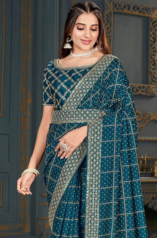 Teal Embroidered Vichitrs Silk Saree