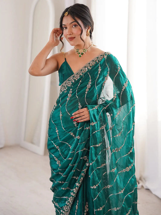 Teal Green Satin Emblished Party Wear Saree