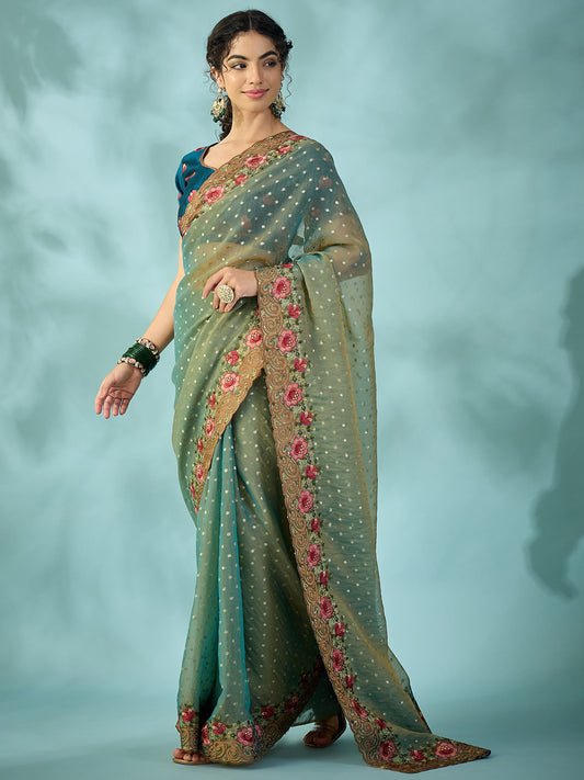 Teal Green Tissue Silk Saree with Zari Stripes - Ressa