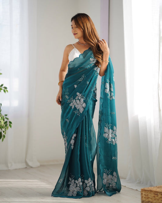 Teal Organza Embroidered Saree - Ressa