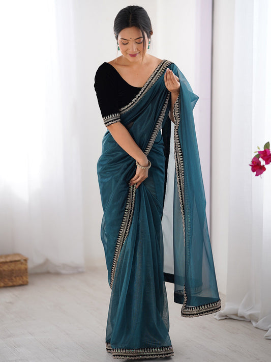 Teal Organza Saree with Embroidered Border & Blouse - Ressa