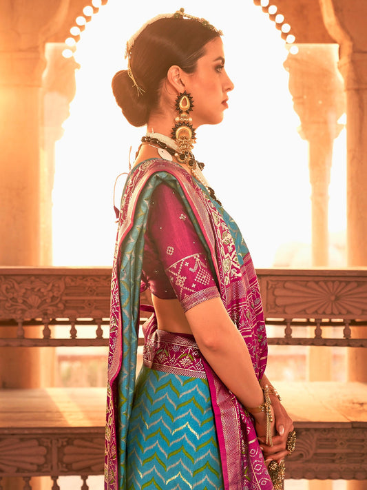 Teal &Pink Patola Silk Saree - Ressa