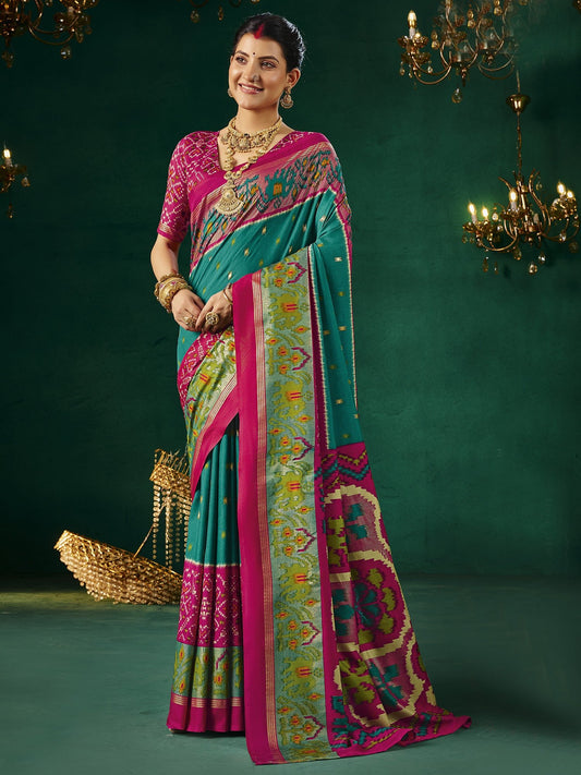 Teal & Pink Patola Silk Saree with Ikat Weave & Zari Border - Ressa