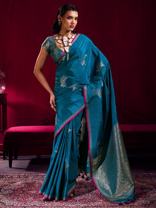 Teal Silk Saree with Zari Stripes - Ressa
