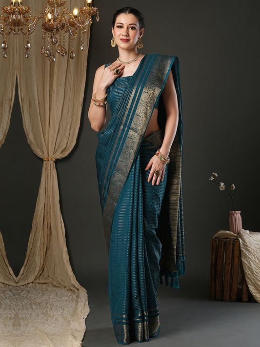 Teal Zari Weave Georgette Saree with Banarasi Border - Ressa