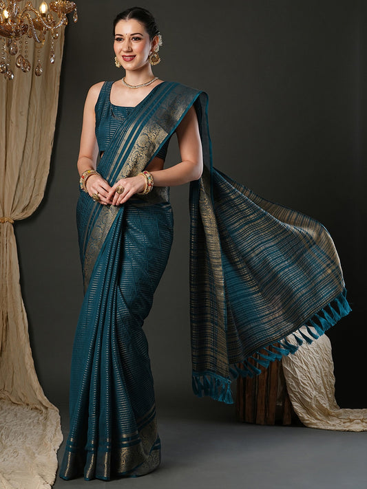 Teal Zari Weave Georgette Saree with Banarasi Border - Ressa