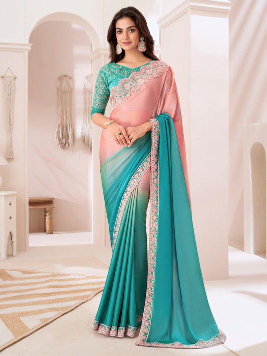 Teel Green & Peach Emblished Ombre Saree - Ressa
