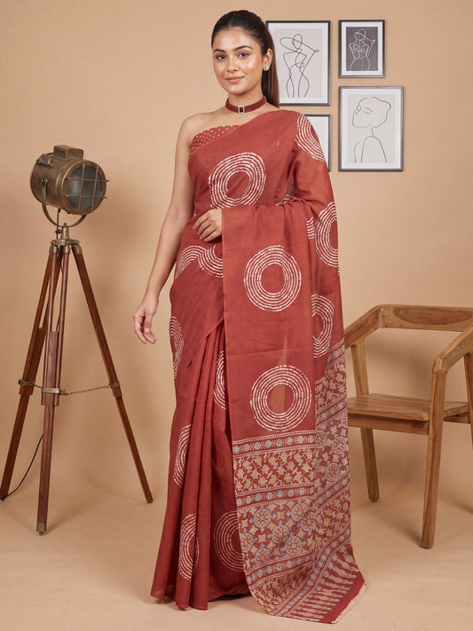 Terracotta Saree Shibori Print Cotton Saree - Ressa