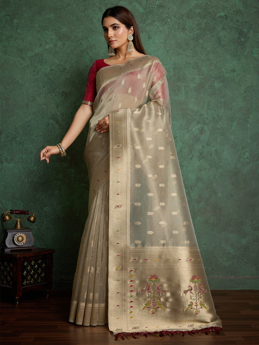 Tissue Biege Banarasi Silk Saree - Ressa