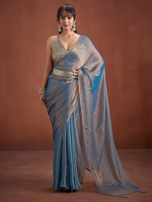 Tissue Silk Saree in Steel Blue with Gold Zari Border - Ressa