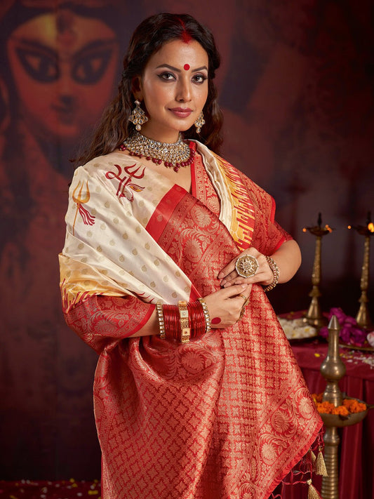 Traditional Maroon and Off-White Silk Blend Saree - Ressa