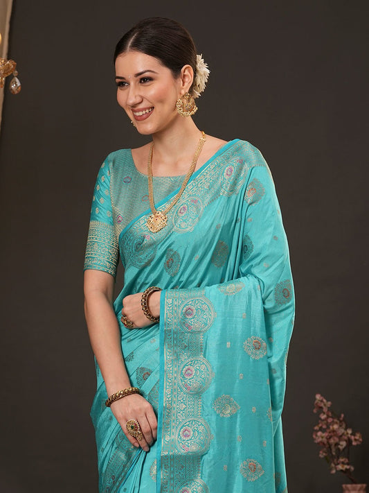 Turquoise Blue Silk Banarasi Saree - Ressa