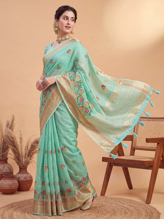 Turquoise linen with woven design saree - Ressa