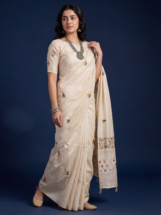 Tussar Silk Saree with Geometric & Kashmiri Floral Embroidery - Ressa