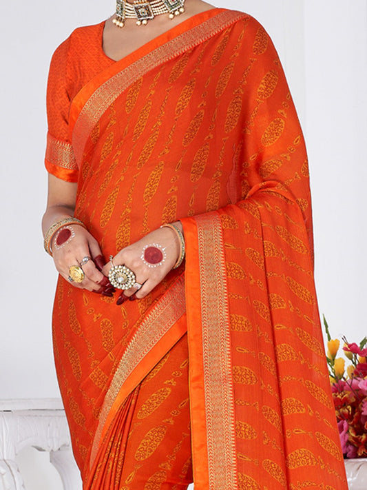 Vibrant Orange Printed Silk Blend Saree - Ressa