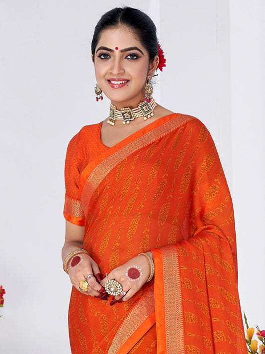 Vibrant Orange Printed Silk Blend Saree - Ressa