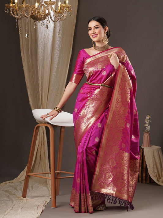 Vibrant pink Pure Banarasi Katan Silk Saree - Ressa