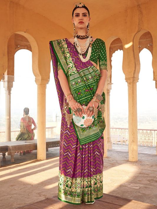 Violet and Green Silk Blend Heritage Patola Style Zari Woven Saree - Ressa