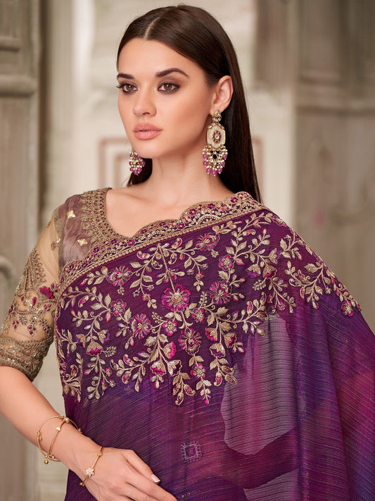 Violet Polyester Embroidered Border saree - Ressa