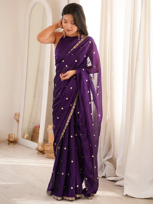 Violet Purple Pure Georgette Saree with Scalloped Gota Patti Border - Ressa