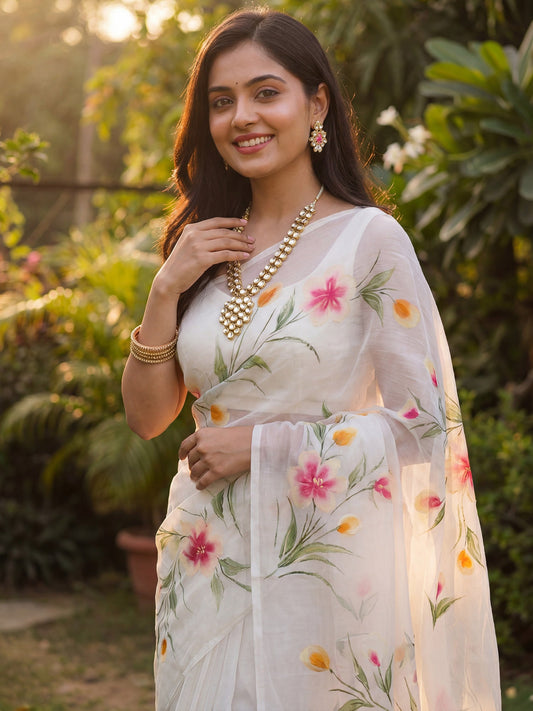 White Chinnon Hand Printed Saree - Ressa