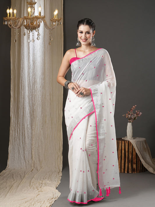White Cotton Silk Embroidered Saree - Ressa